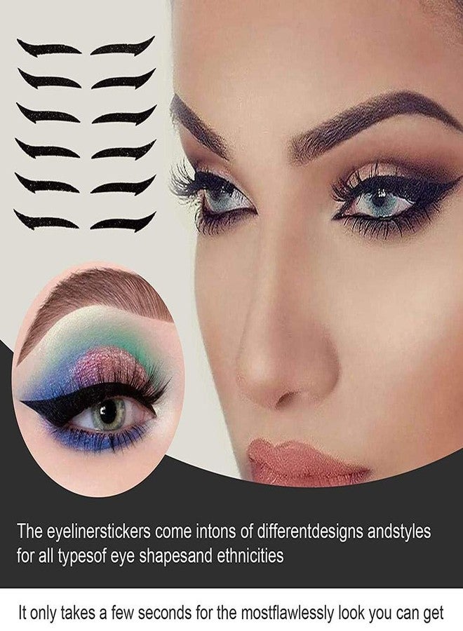 زيرون، 6 أزواج من ملصقات المكياج القابلة لإعادة الاستخدام، ملصقات لاصقة للعيون، عيون قطة جذابة فورية بتصاميم متنوعة (أسود) - Image 2